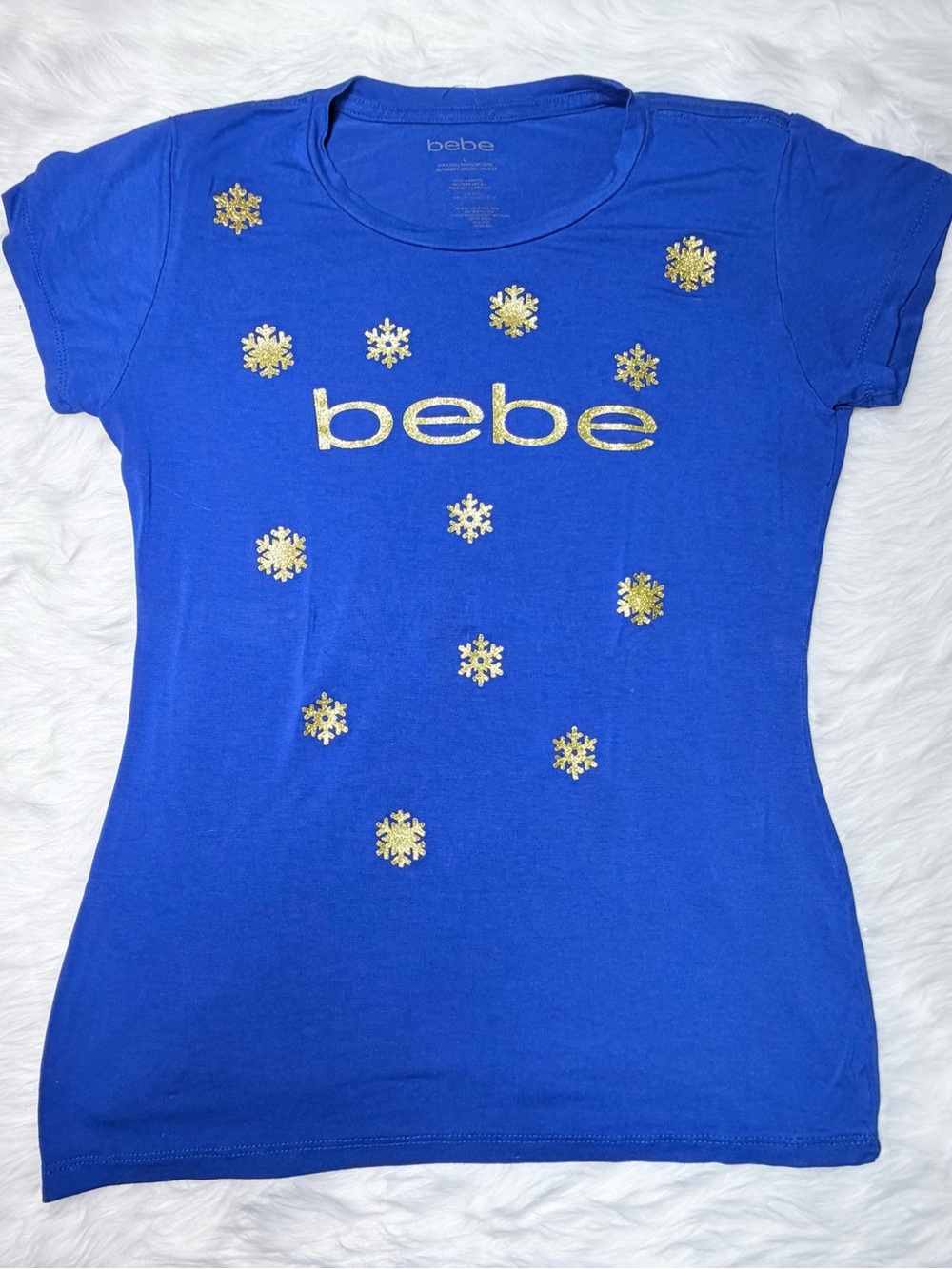 Bebe Royal Blue Gold Glitter Snowflake Logo Tee Size L Holiday Top
